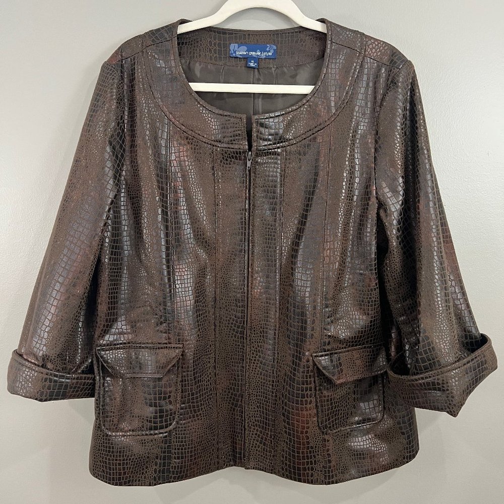 Susan Graver XL Brown Faux Animal Print Collarless Zip Front Jacket 3/4 sleeve